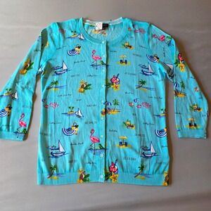 Talbots‎ Womens Cardigan Sweater Size S Blue Beach Print Cotton Nautical Cruise